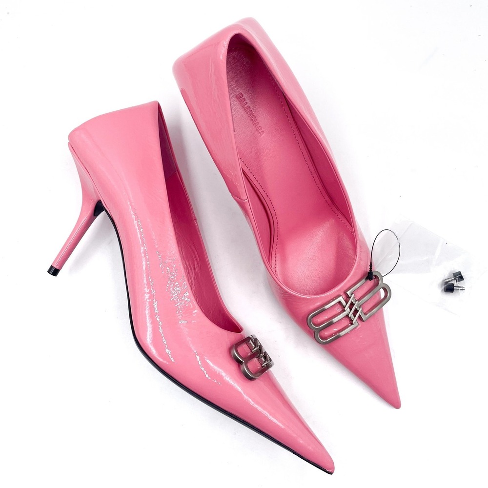 Balenciaga BB Square Knife Pumps Pink Patent Leather Pointed Tie Sz 38 / 8 - Picture 2 of 14